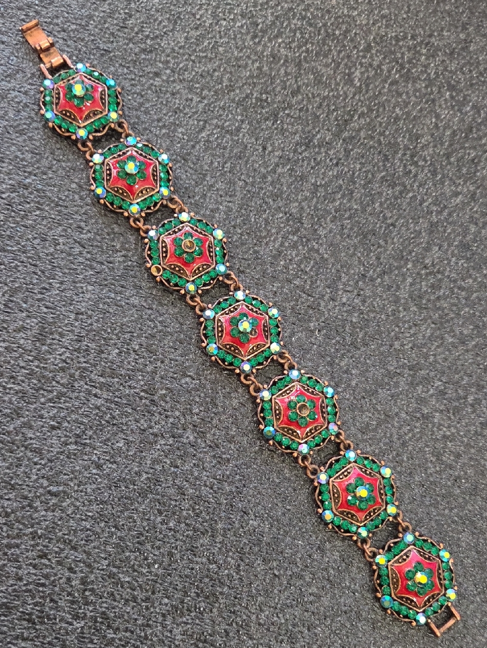 Vintage Joan Rivers Classics Red Green Enamel Crystal Link Bracelet Hexagon
